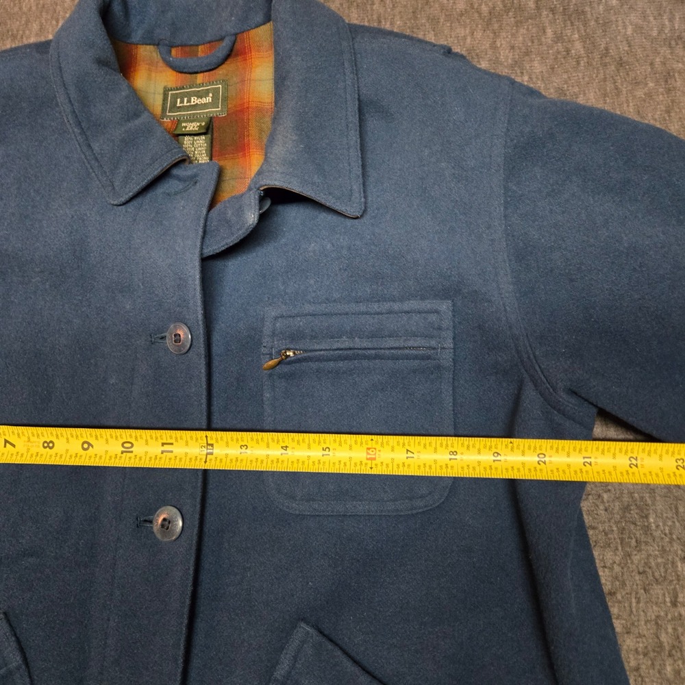 Vintage 90s LL Bean Wool Barn Coat Womens Petite L Blue Plaid Suede Chore Jacket - Picture 6 of 8